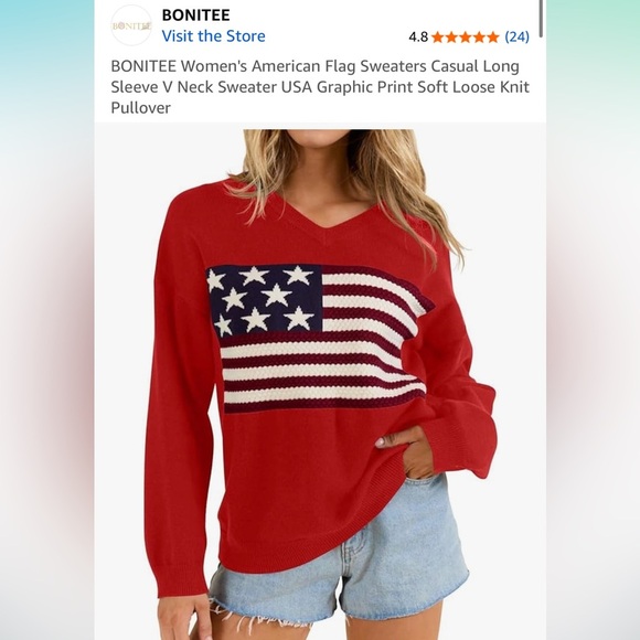 BONITEE Red American Flag Sweater V-Neck Long Sleeve Knit Pullover – Size XL - Picture 2 of 11